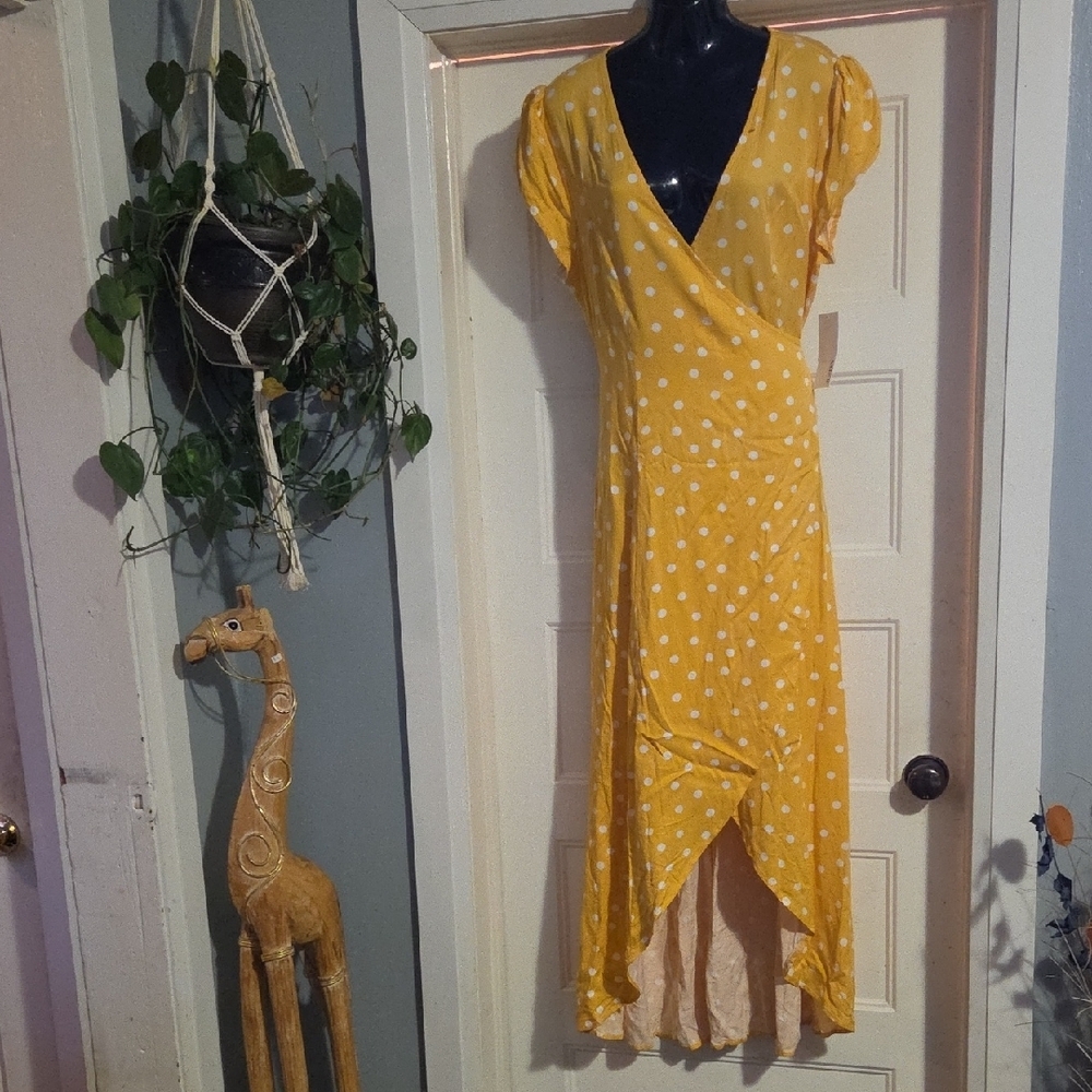 JustFab Yellow Polka Dot High-Low Wrap Dress